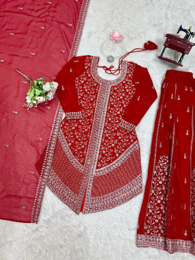 Designer Georgette Sharara Set | Red &amp; Electric Blue UK