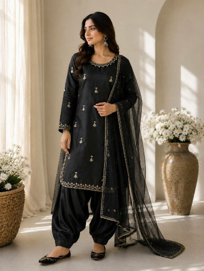 Elegant Black Satin Farshi Suit Set