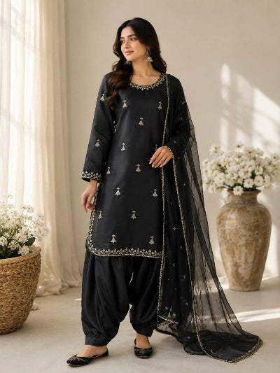 Elegant Black Satin Farshi Suit Set