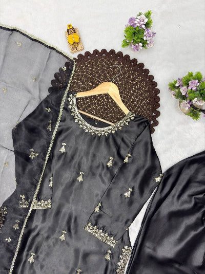 Elegant Black Satin Farshi Suit Set