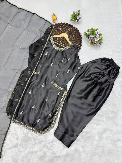 Elegant Black Satin Farshi Suit Set