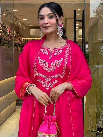 Rani Pink Silk Rich Embroidery Work Straight Suit Set - BONYHUBSALWAR KAMEEZ