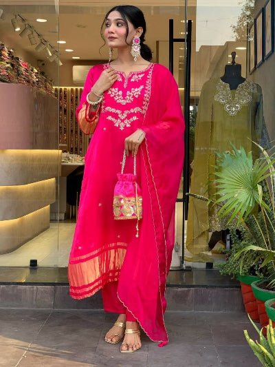 Rani Pink Silk Rich Embroidery Work Straight Suit Set - BONYHUBSALWAR KAMEEZ