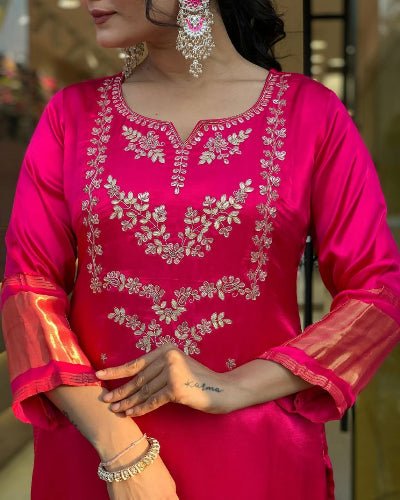 Rani Pink Silk Rich Embroidery Work Straight Suit Set - BONYHUBSALWAR KAMEEZ