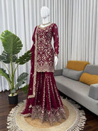 Maroon Gold Sequins Work Georgette Sharara Set - BONYHUBSALWAR KAMEEZ
