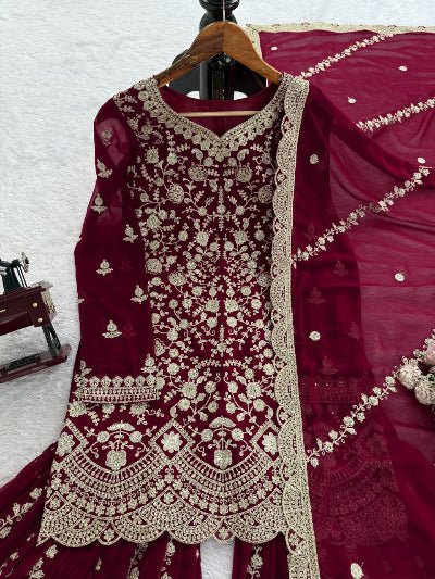 Maroon Gold Sequins Work Georgette Sharara Set - BONYHUBSALWAR KAMEEZ