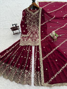 Maroon Gold Sequins Work Georgette Sharara Set - BONYHUBSALWAR KAMEEZ