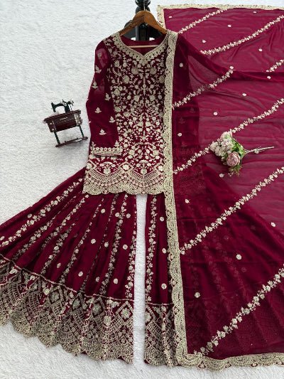 Maroon Gold Sequins Work Georgette Sharara Set - BONYHUBSALWAR KAMEEZ