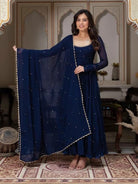 Navy Blue Georgette Long Anarkali Suit Set - BONYHUBSALWAR KAMEEZ