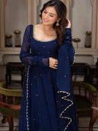Navy Blue Georgette Long Anarkali Suit Set - BONYHUBSALWAR KAMEEZ