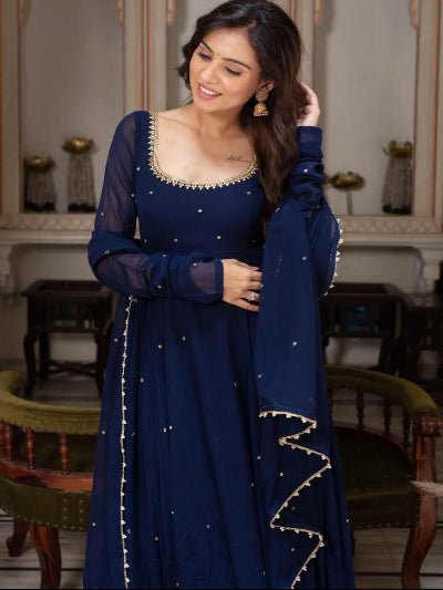 Navy Blue Georgette Long Anarkali Suit Set - BONYHUBSALWAR KAMEEZ