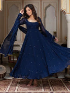 Navy Blue Georgette Long Anarkali Suit Set - BONYHUBSALWAR KAMEEZ