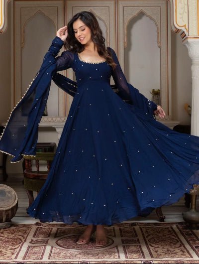 Navy Blue Georgette Long Anarkali Suit Set - BONYHUBSALWAR KAMEEZ