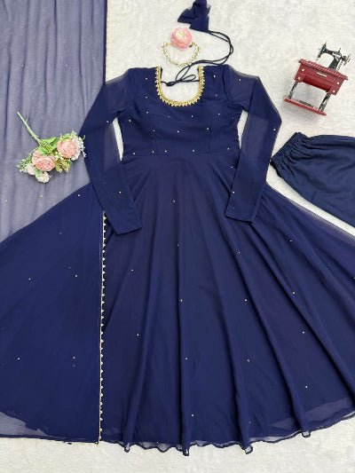 Navy Blue Georgette Long Anarkali Suit Set - BONYHUBSALWAR KAMEEZ