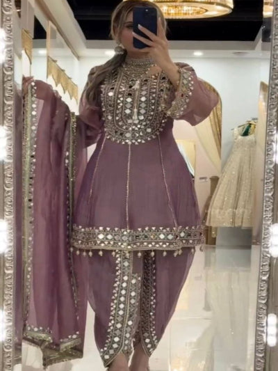 Mauve Onion Pink Mirror Work Punjabi Dhoti Suit Set