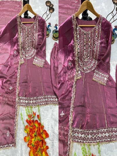 Mauve Onion Pink Mirror Work Punjabi Dhoti Suit Set