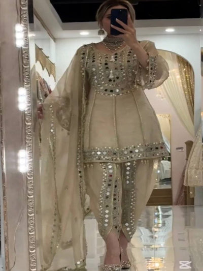 Ivory Cream Mirror Work Punjabi Dhoti Suit Set