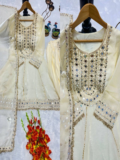 Ivory Cream Mirror Work Punjabi Dhoti Suit Set