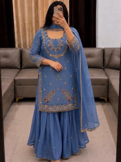 Deep Dusty Blue Georgette Embroidered Sharara Suit Set