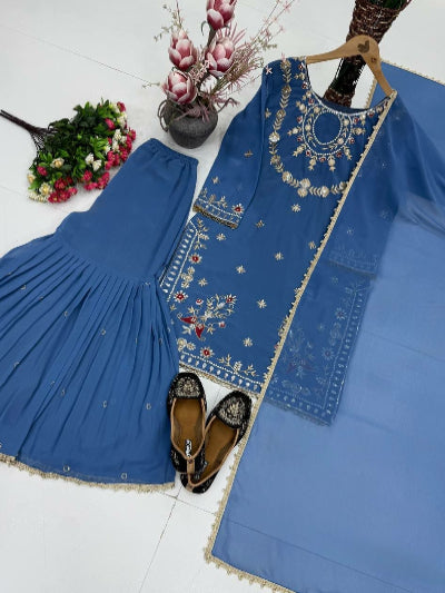 Deep Dusty Blue Georgette Embroidered Sharara Suit Set