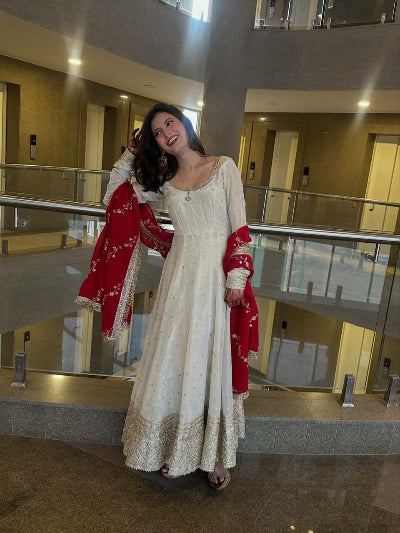 White Chinon Silk Embroidered Anarkali Gown Suit with Red Dupatta