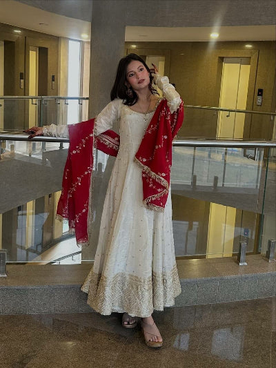 White Chinon Silk Embroidered Anarkali Gown Suit with Red Dupatta