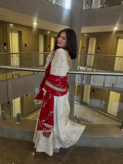 White Chinon Silk Embroidered Anarkali Gown Suit with Red Dupatta