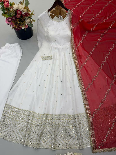 White Chinon Silk Embroidered Anarkali Gown Suit with Red Dupatta