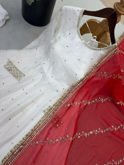 White Chinon Silk Embroidered Anarkali Gown Suit with Red Dupatta