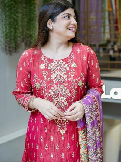 Berry Pink Pure Handwork Katha Embroidery Straight Suit Set - BONYHUBSALWAR KAMEEZ