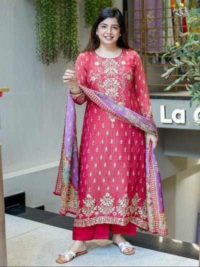 Berry Pink Pure Handwork Katha Embroidery Straight Suit Set - BONYHUBSALWAR KAMEEZ