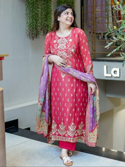 Berry Pink Pure Handwork Katha Embroidery Straight Suit Set - BONYHUBSALWAR KAMEEZ