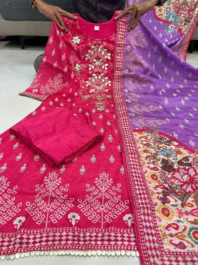 Berry Pink Pure Handwork Katha Embroidery Straight Suit Set - BONYHUBSALWAR KAMEEZ
