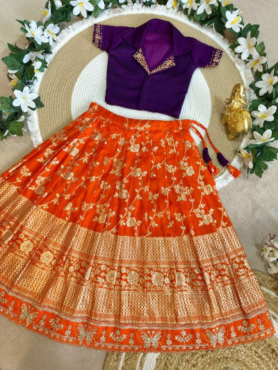 Kids Purple and Orange Lehenga Choli Set with Zari Weaving
