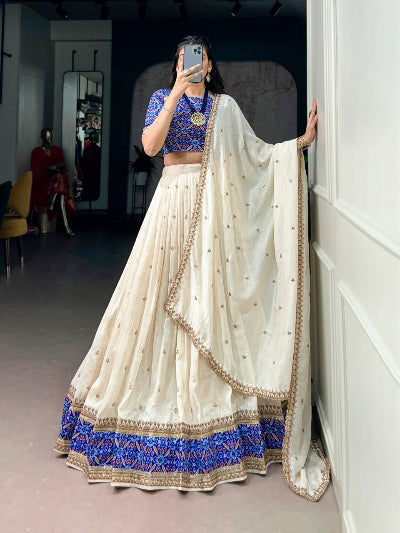 Elegant Cream White &amp; Blue Vichitra Silk Lehenga Choli Set