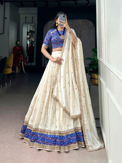 Elegant Cream White &amp; Blue Vichitra Silk Lehenga Choli Set