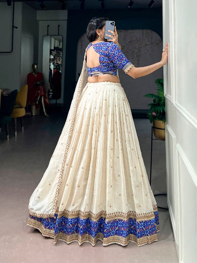 Elegant Cream White &amp; Blue Vichitra Silk Lehenga Choli Set