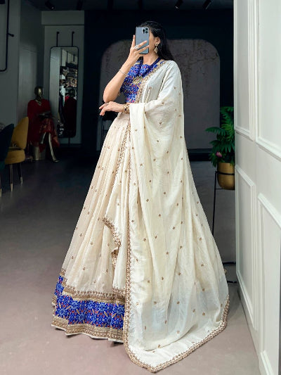 Elegant Cream White &amp; Blue Vichitra Silk Lehenga Choli Set