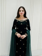 Bottle Green Velvet Charm Embroidery Suit Set - BONYHUBSALWAR KAMEEZ