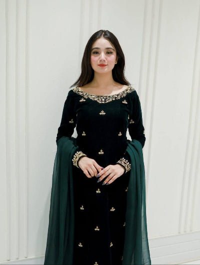 Bottle Green Velvet Charm Embroidery Suit Set - BONYHUBSALWAR KAMEEZ