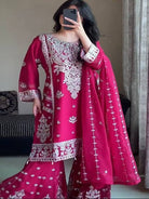 Hot Pink Sequin Embroidery Georgette Sharara Set - BONYHUBSALWAR KAMEEZ