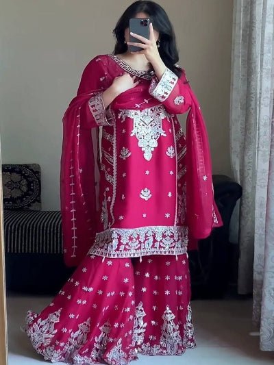Hot Pink Sequin Embroidery Georgette Sharara Set - BONYHUBSALWAR KAMEEZ