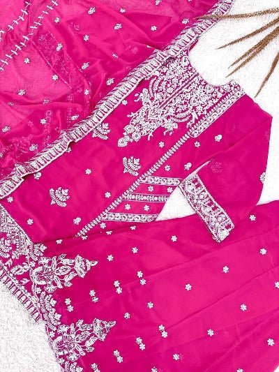 Hot Pink Sequin Embroidery Georgette Sharara Set - BONYHUBSALWAR KAMEEZ