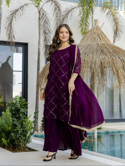 Plum Purple Georgette Embroidery Palazzo Suit