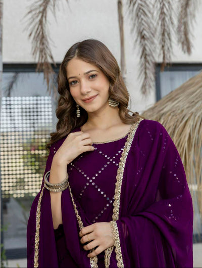 Plum Purple Georgette Embroidery Palazzo Suit