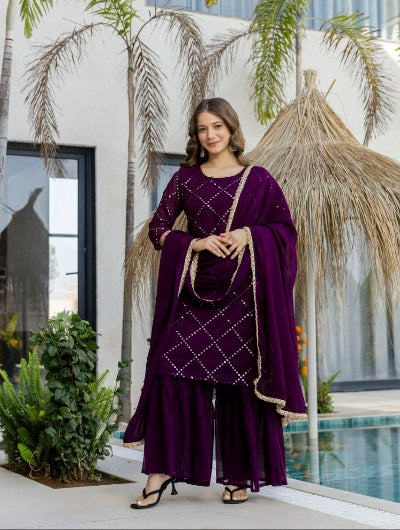 Plum Purple Georgette Embroidery Palazzo Suit