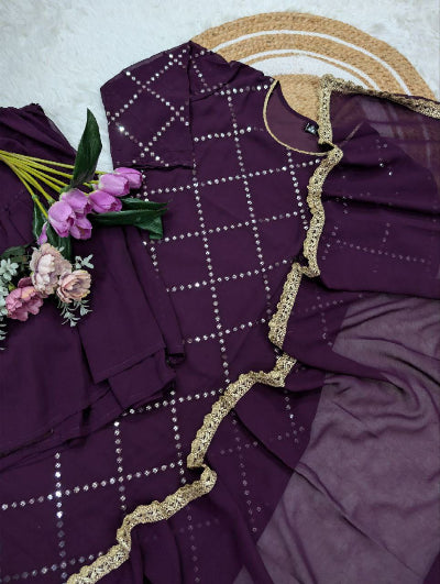 Plum Purple Georgette Embroidery Palazzo Suit