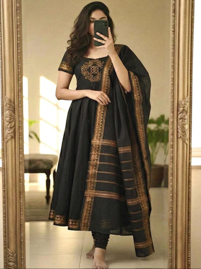 Black South Cotton Jacquard Kurti Dupatta Set Of 2