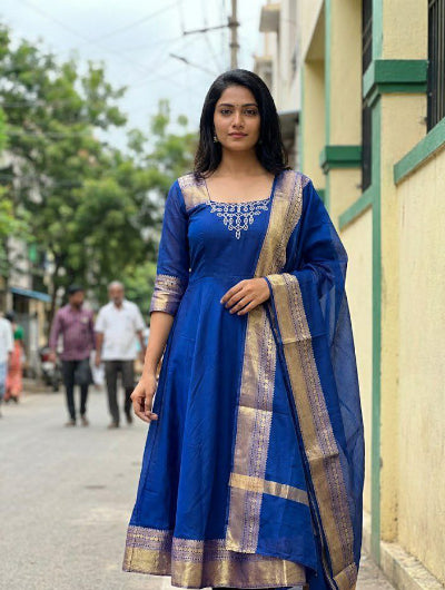 Royal Blue Jacquard Silk Ethnic Anarkali Dupatta Set Of 2