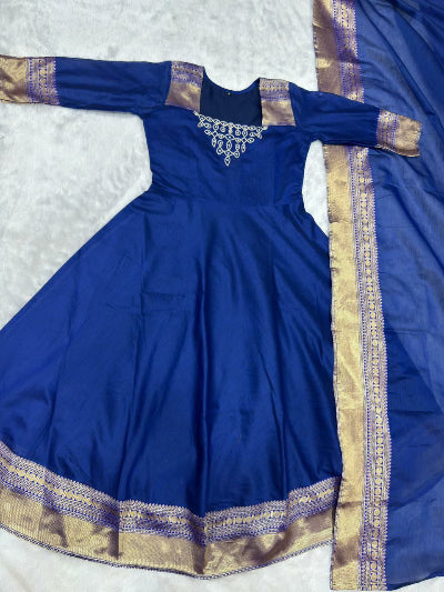 Royal Blue Jacquard Silk Ethnic Anarkali Dupatta Set Of 2